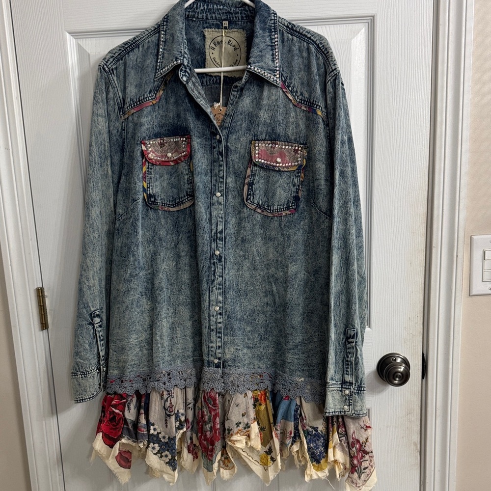 Boho Denim Jacket with Floral Trim - Washed Blue